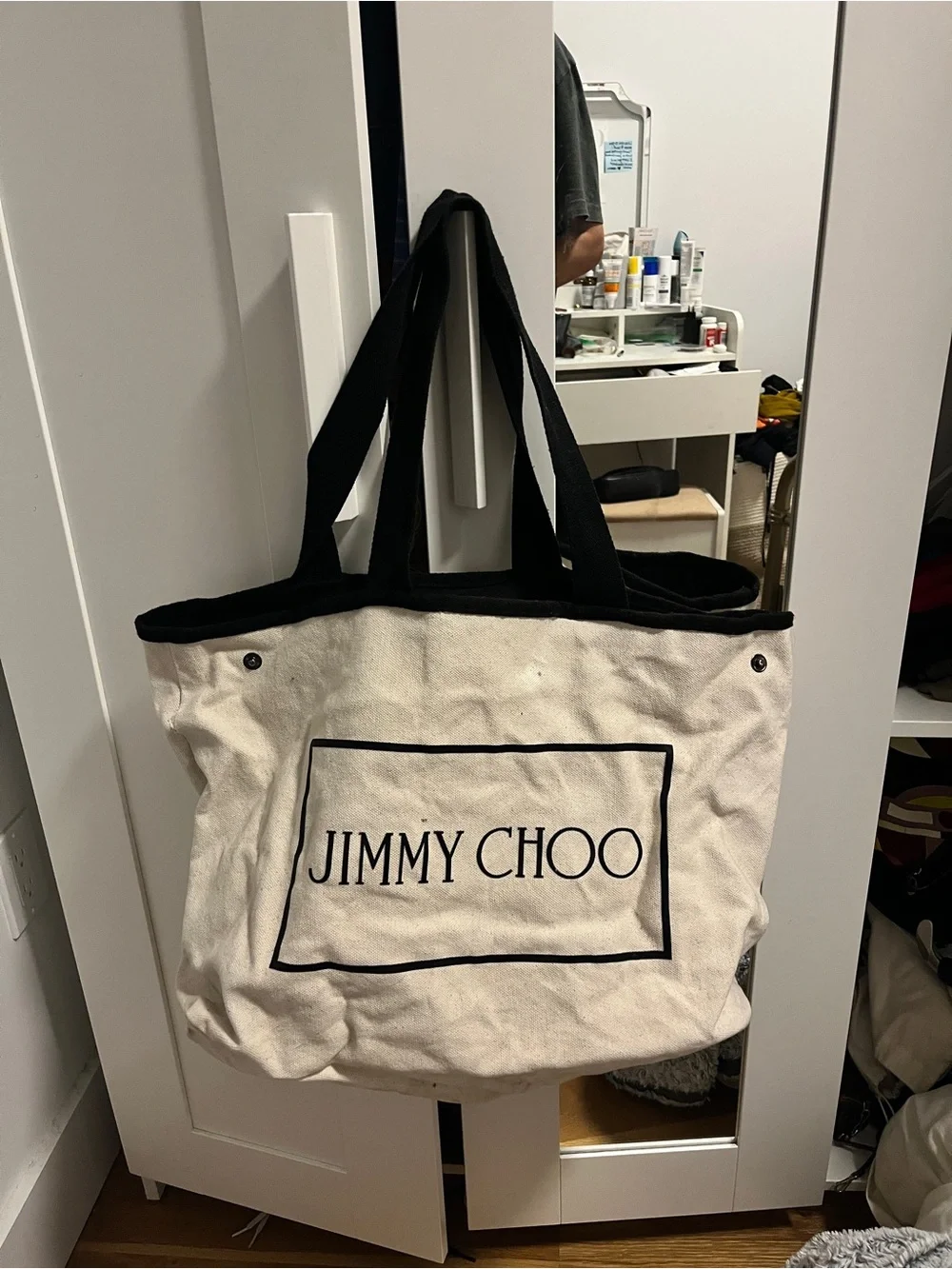 Jimmy Choo Cream Canvas Tote with Black Trim